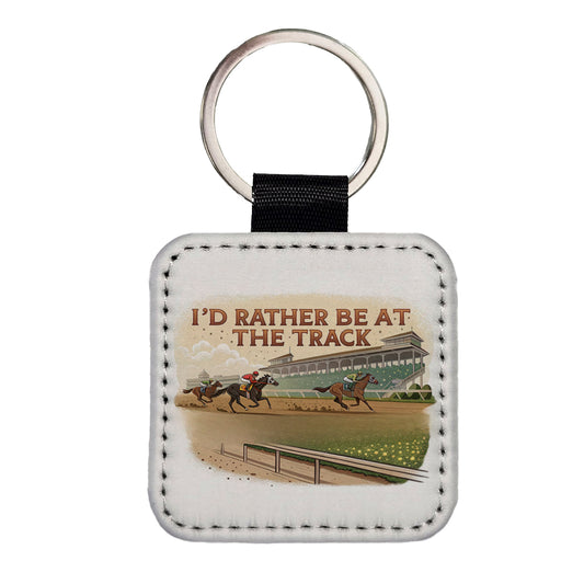 I'd Rather Be At The Track Horse Racing Square Faux Leather Keychain