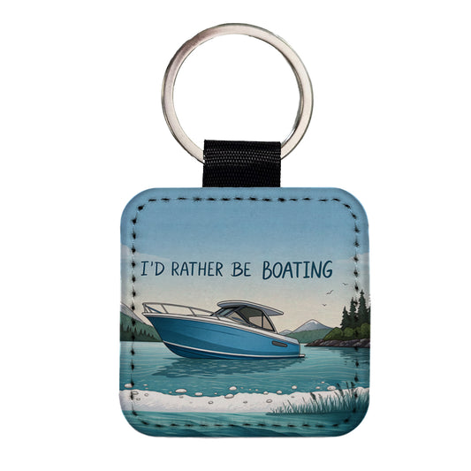 I'd Rather Be Boating Square Faux Leather Keychain