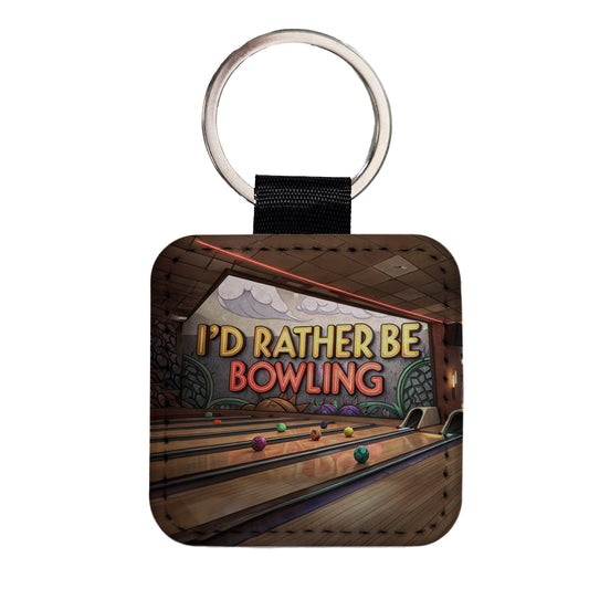 I'd Rather Be Bowling Alley Square Faux Leather Keychain