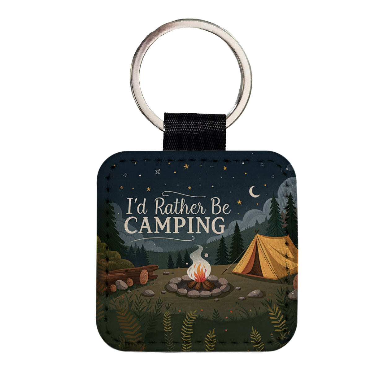 I'd Rather Be Camping Campfire Tent Square Faux Leather Keychain
