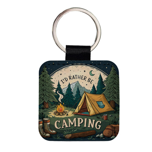 I'd Rather Be Camping Wilderness Tent Square Faux Leather Keychain