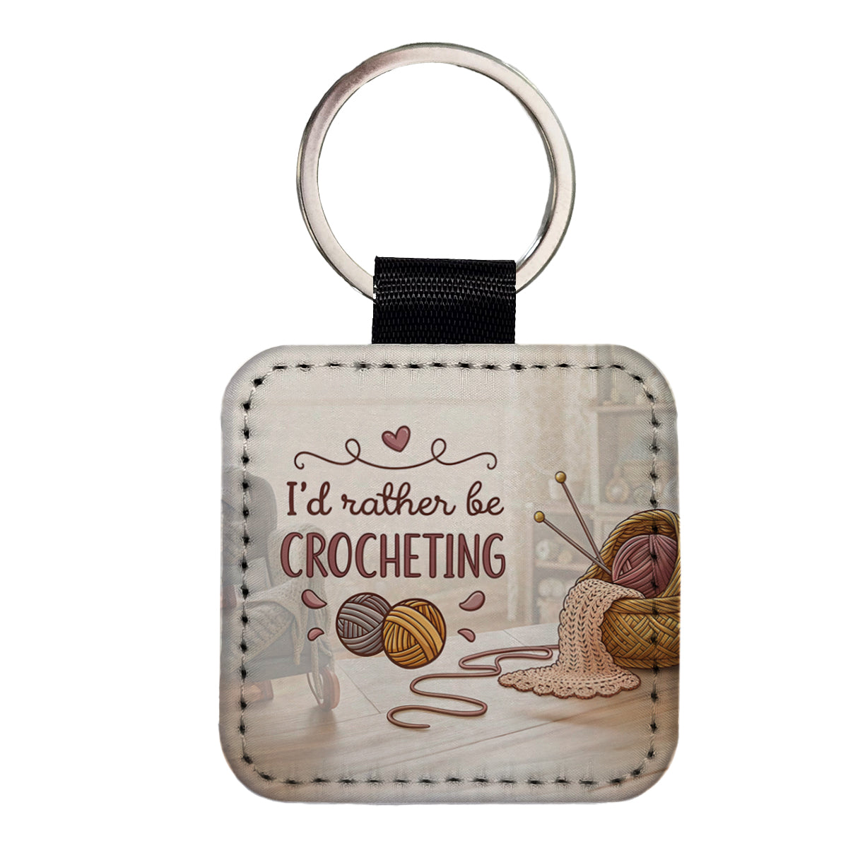I'd Rather Be Crocheting Square Faux Leather Keychain