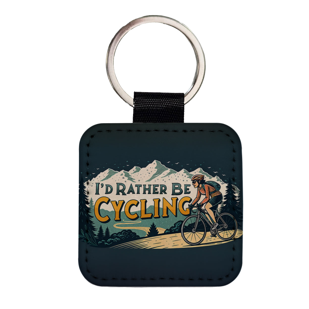 I'd Rather Be Cycling Road Mountain Bike Square Faux Leather Keychain