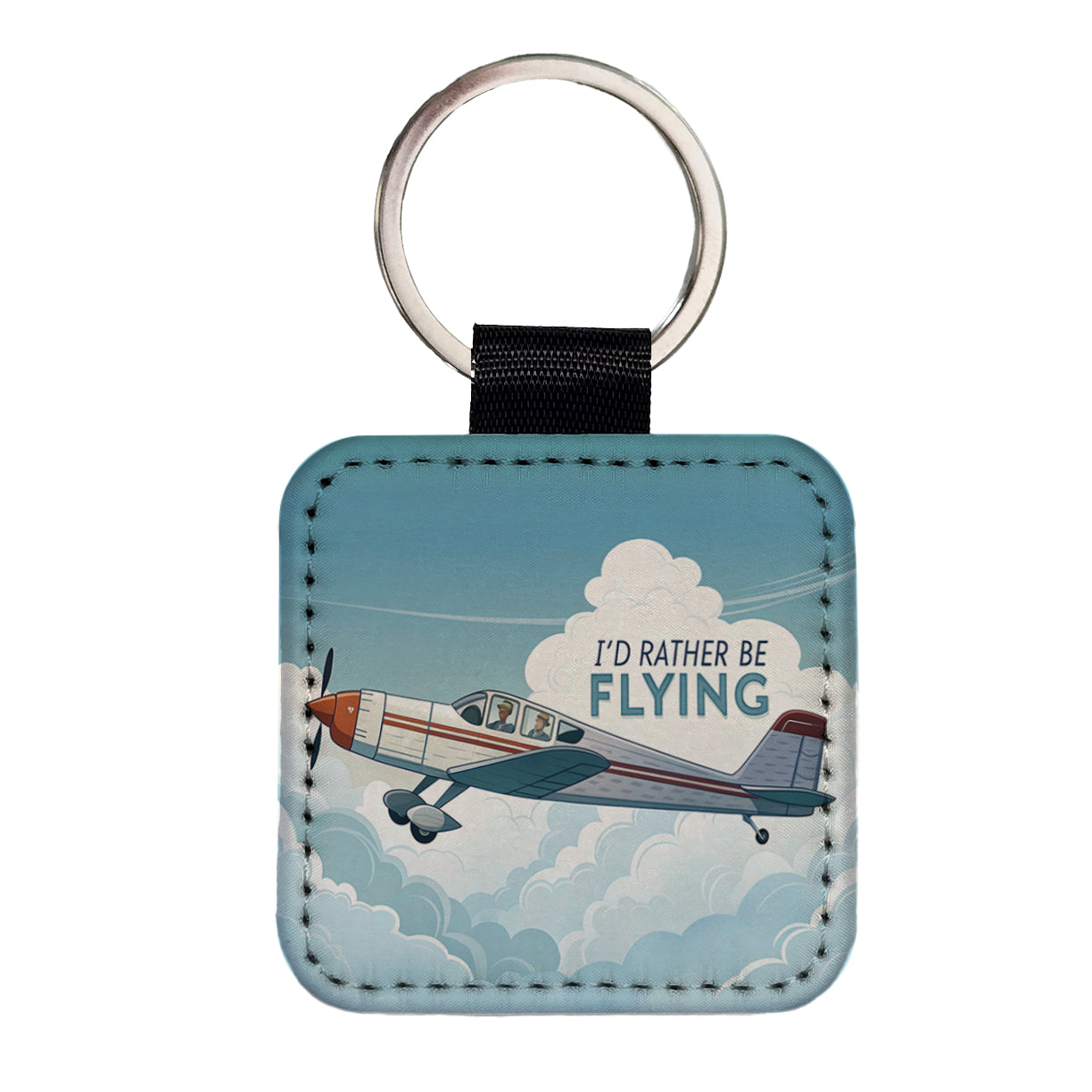 I'd Rather Be Flying Airplane Pilot Square Faux Leather Keychain
