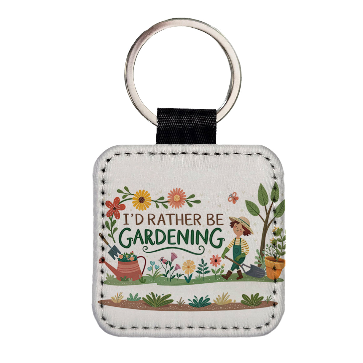 I'd Rather Be Gardening Square Faux Leather Keychain