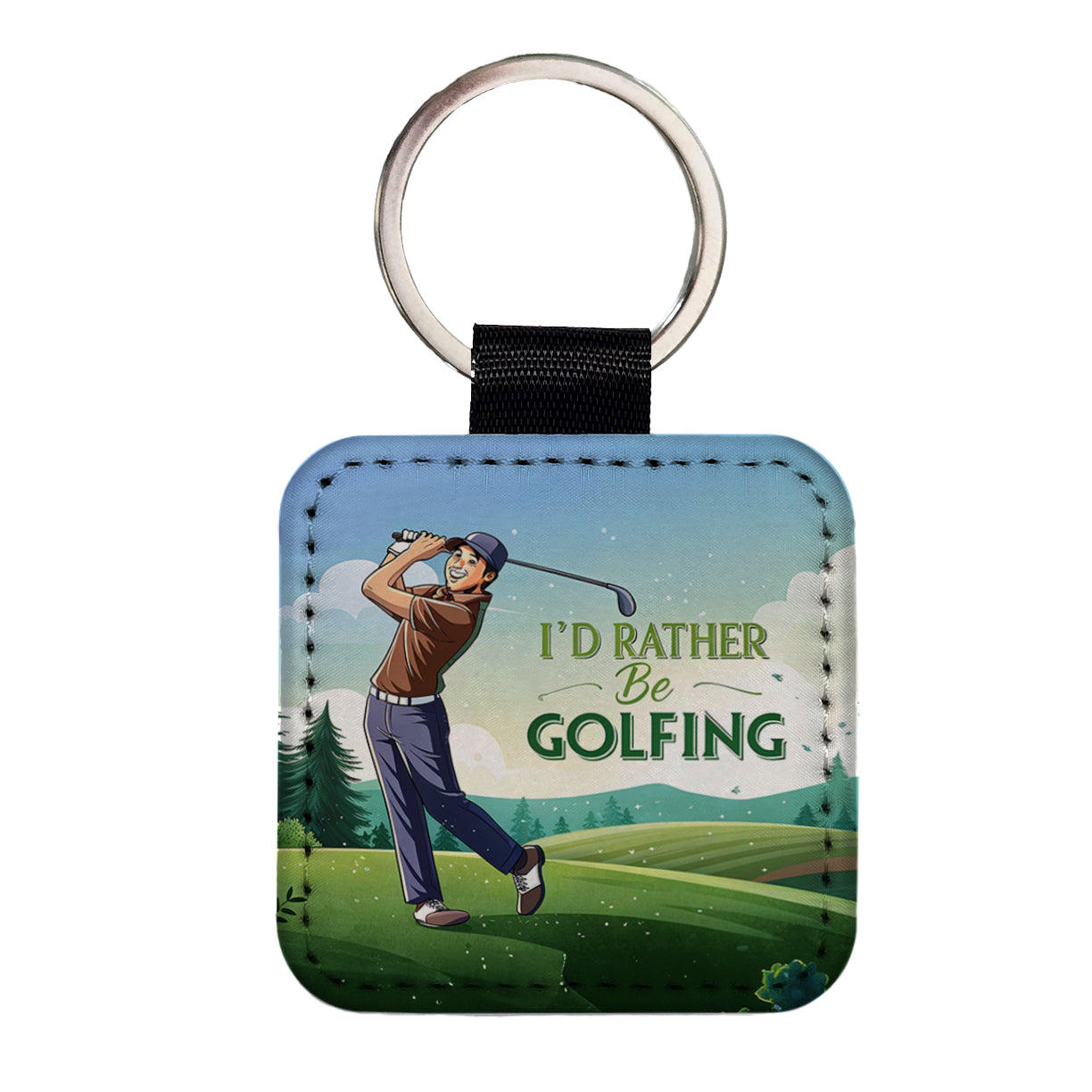 I'd Rather Be Golfing Man Golfer Square Faux Leather Keychain