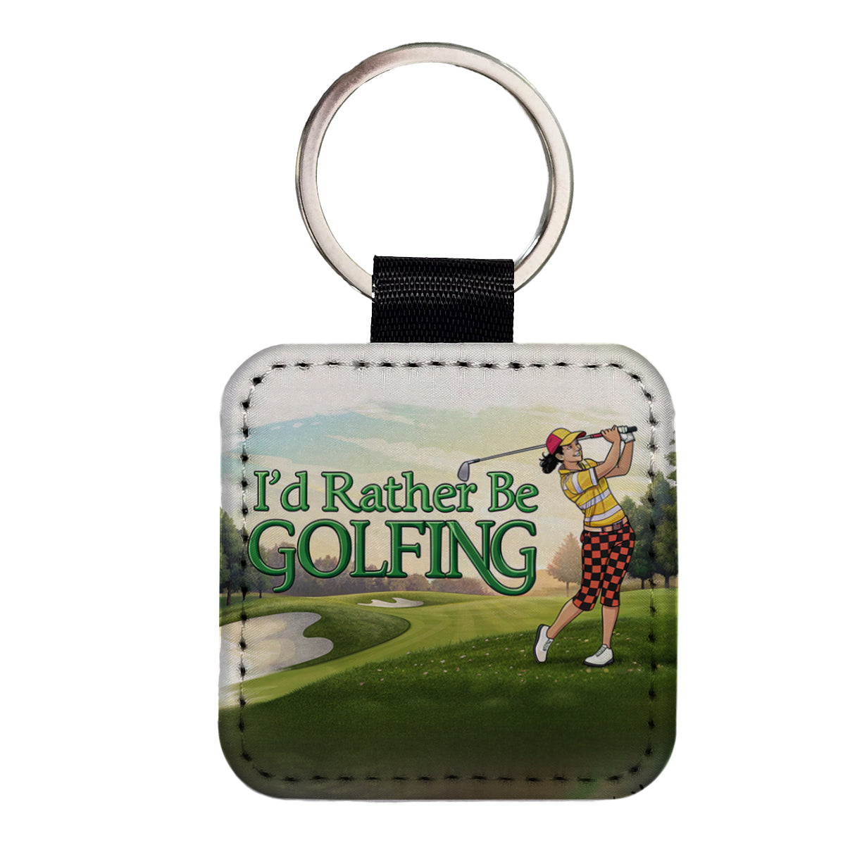 I'd Rather Be Golfing Woman Golfer Square Faux Leather Keychain