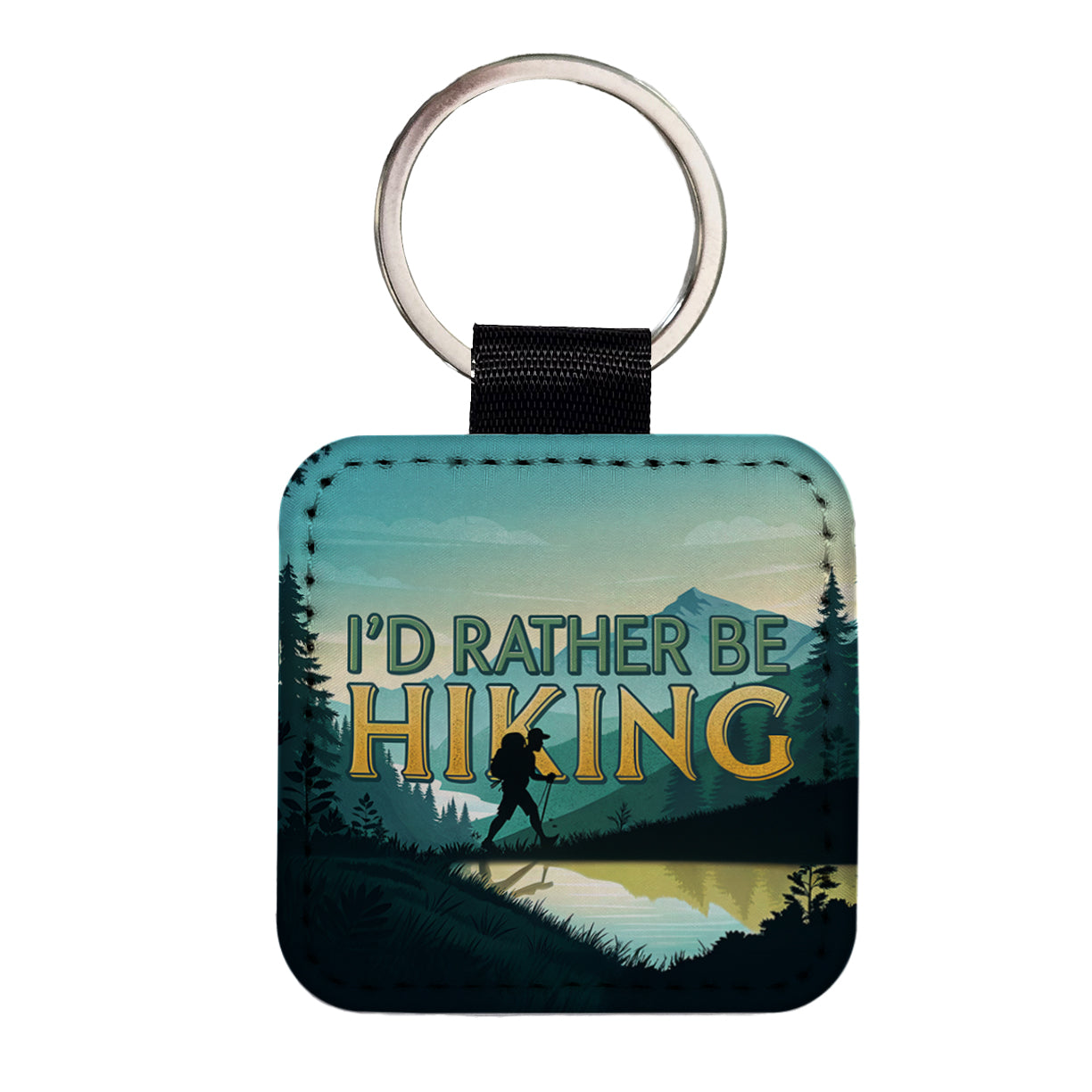 I'd Rather Be Hiking Mountains Square Faux Leather Keychain