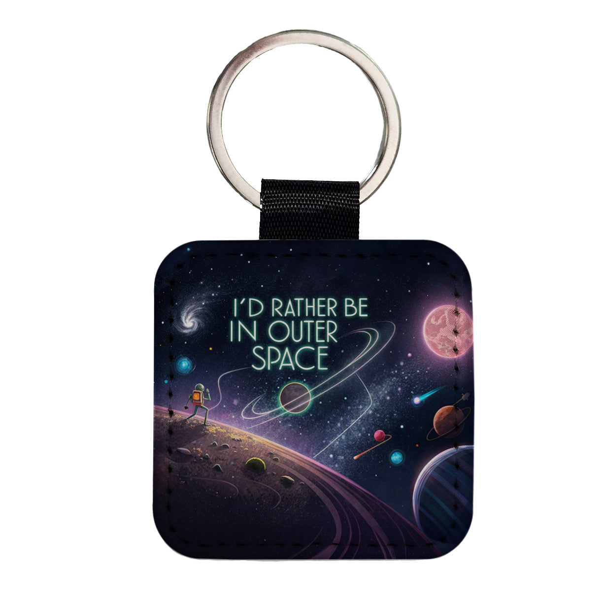 I'd Rather Be In Outer Space Sci-fi Square Faux Leather Keychain