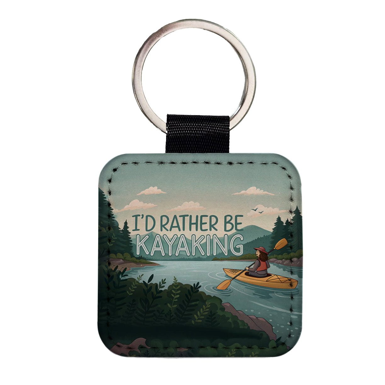 I'd Rather Be Kayaking Woman Kayaker Square Faux Leather Keychain
