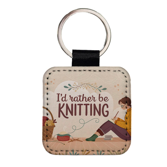 I'd Rather Be Knitting Basket of Yarn Square Faux Leather Keychain