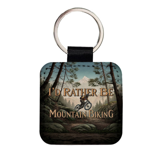 I'd Rather Be Mountain Biking Square Faux Leather Keychain
