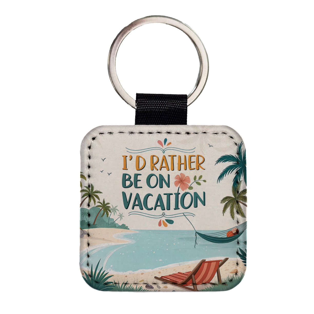 I'd Rather Be On Vacation Tropical Beach Square Faux Leather Keychain