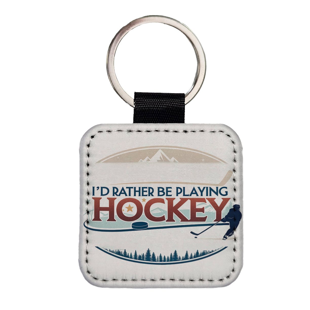 I'd Rather Be Playing Hockey Square Faux Leather Keychain