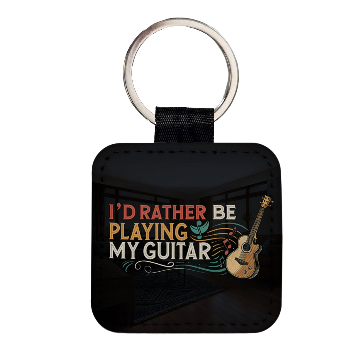 I'd Rather Be Playing My Guitar Acoustic Square Faux Leather Keychain