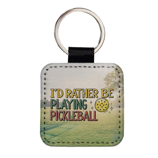 I'd Rather Be Playing Pickleball Ball Square Faux Leather Keychain