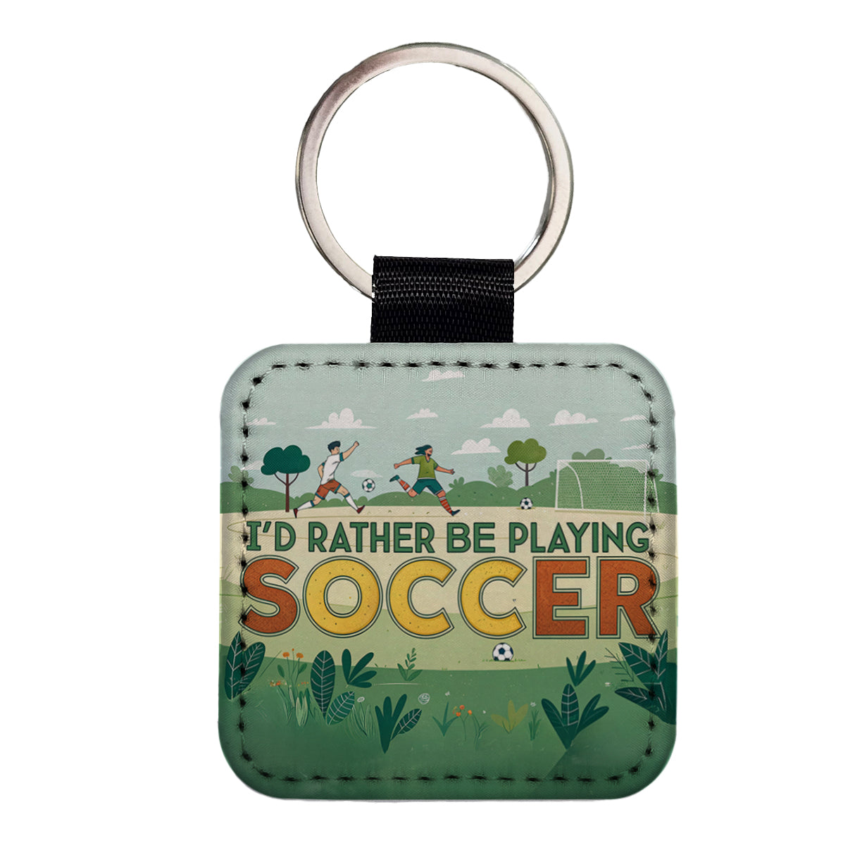 I'd Rather Be Playing Soccer Field Square Faux Leather Keychain