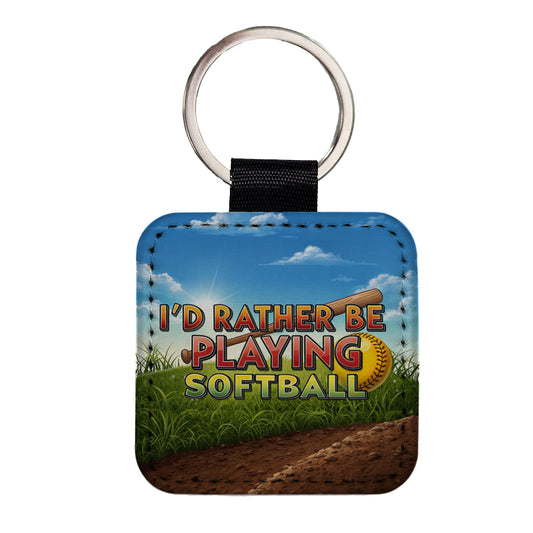 I'd Rather Be Playing Softball Square Faux Leather Keychain