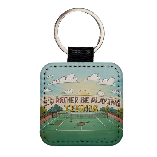 I'd Rather Be Playing Tennis Cartoon Court Square Faux Leather Keychain