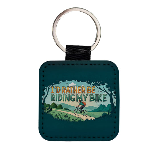 I'd Rather Be Riding My Bike Cycling Square Faux Leather Keychain