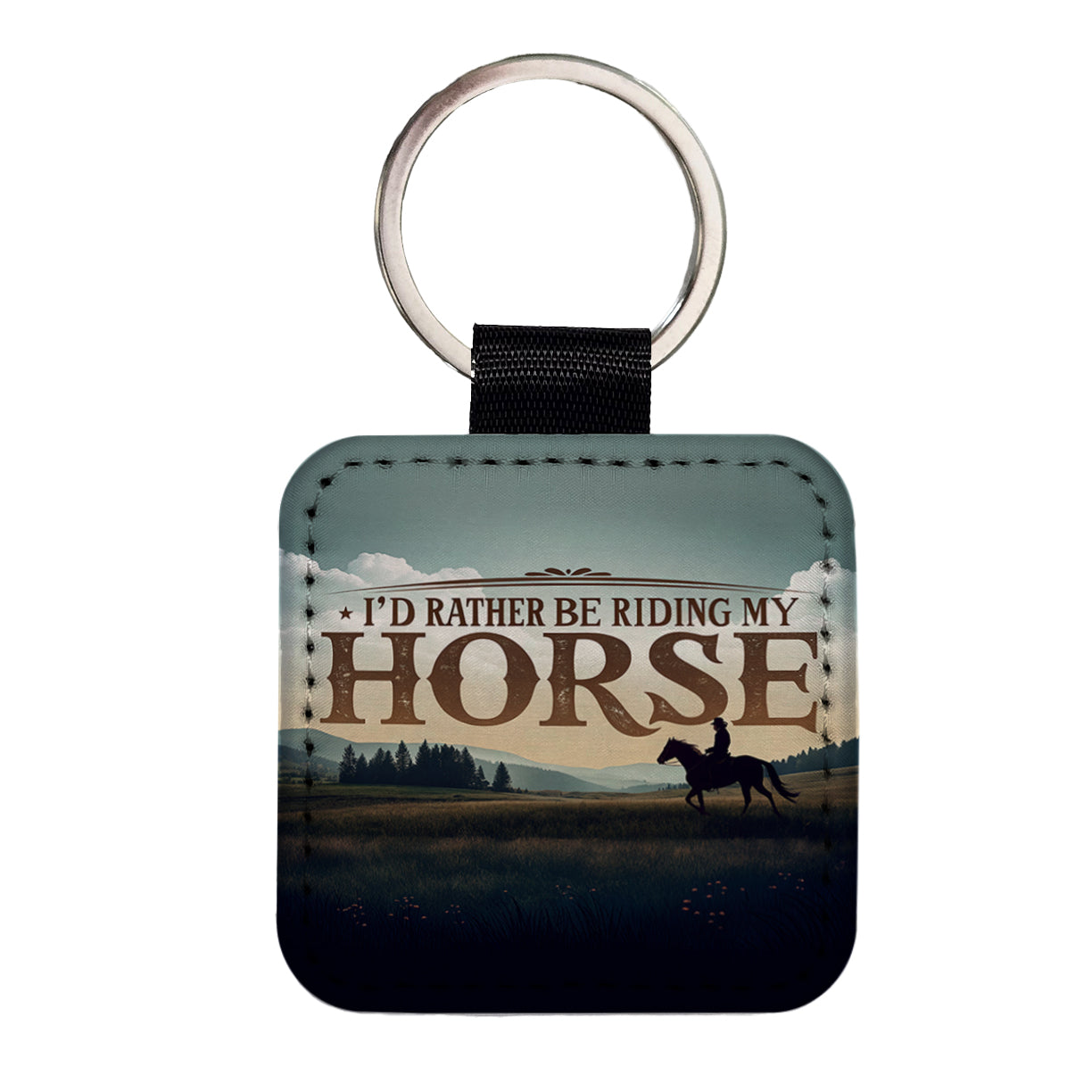 I'd Rather Be Riding My Horse Square Faux Leather Keychain
