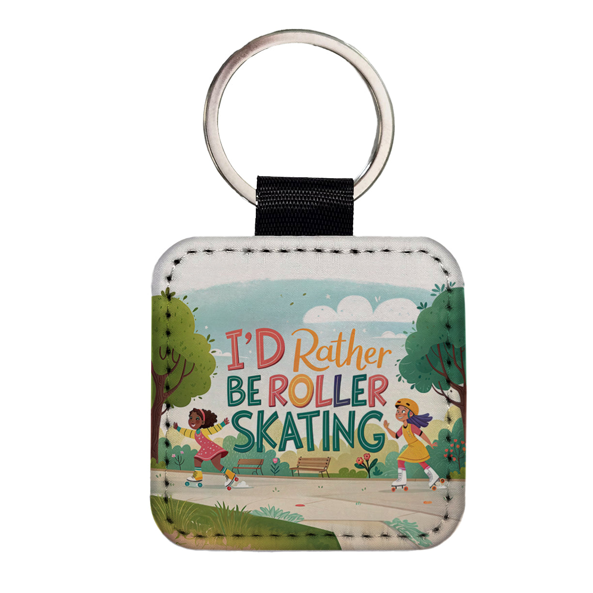I'd Rather Be Roller Skating Cartoon Square Faux Leather Keychain