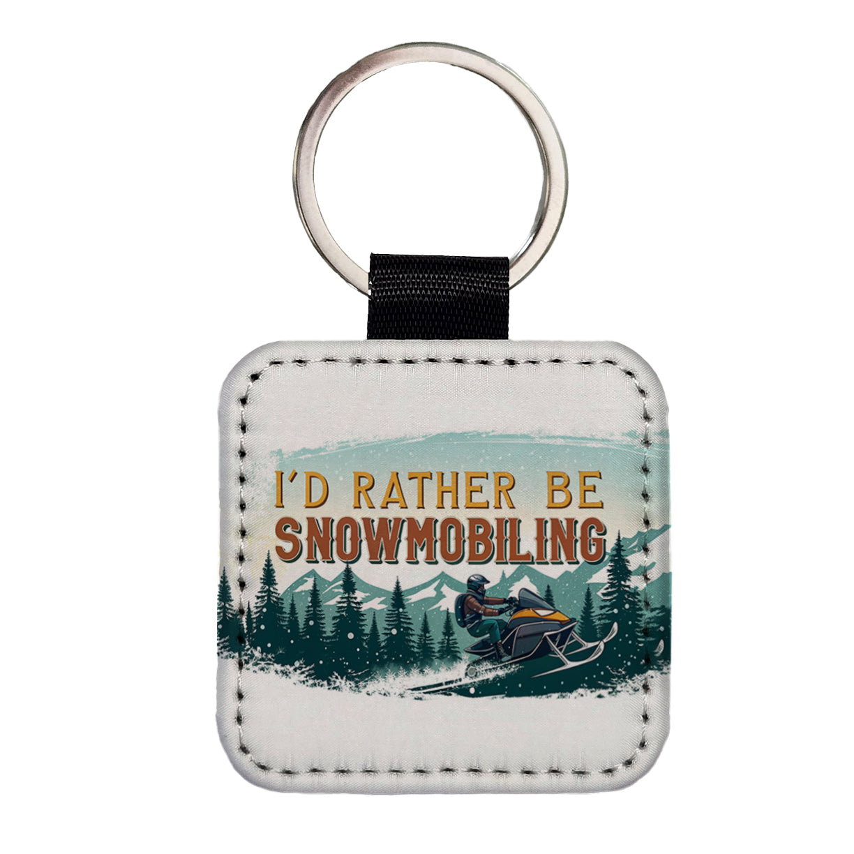 I'd Rather Be Snowmobiling Snowmobile Square Faux Leather Keychain