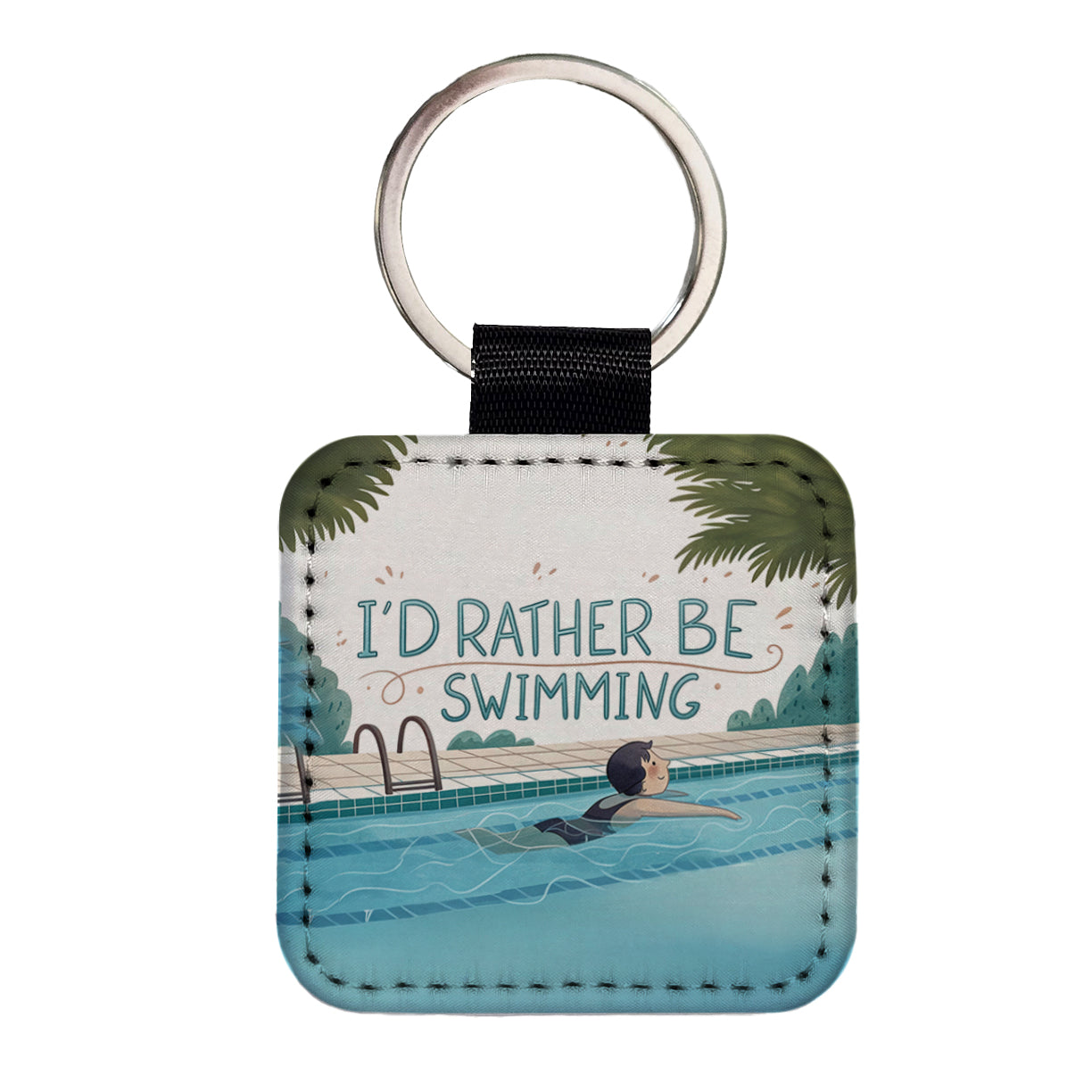 I'd Rather Be Swimming Swimmer Square Faux Leather Keychain