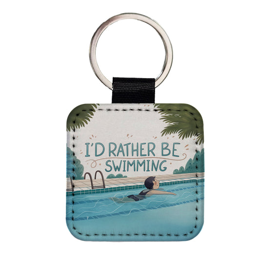 I'd Rather Be Swimming Swimmer Square Faux Leather Keychain