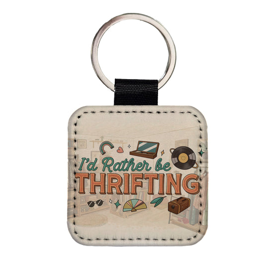 I'd Rather Be Thrifting Thrift Store Shopping Square Faux Leather Keychain