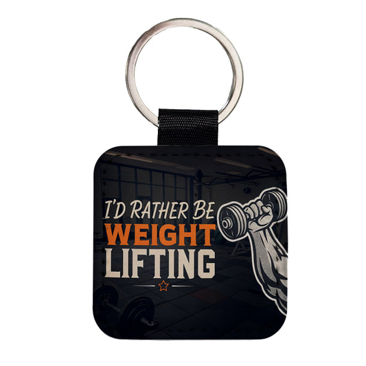 I'd Rather Be Weight Lifting Dumbbell Square Faux Leather Keychain