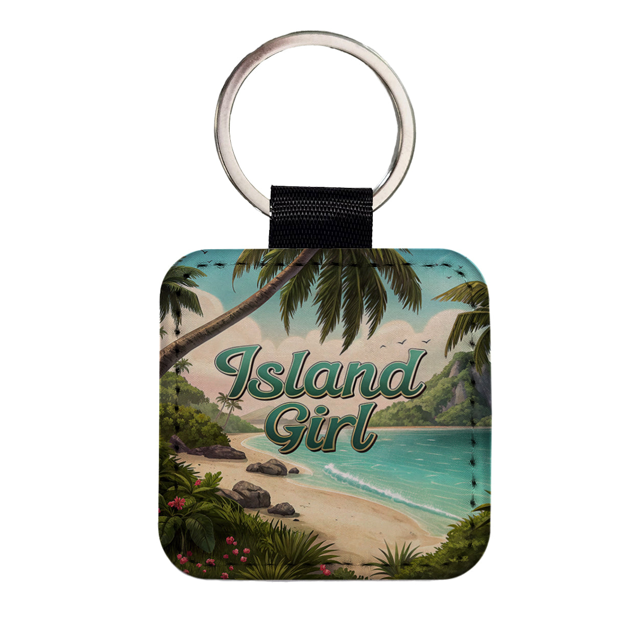 Island Girl Tropical Beach Palm Trees Square Faux Leather Keychain