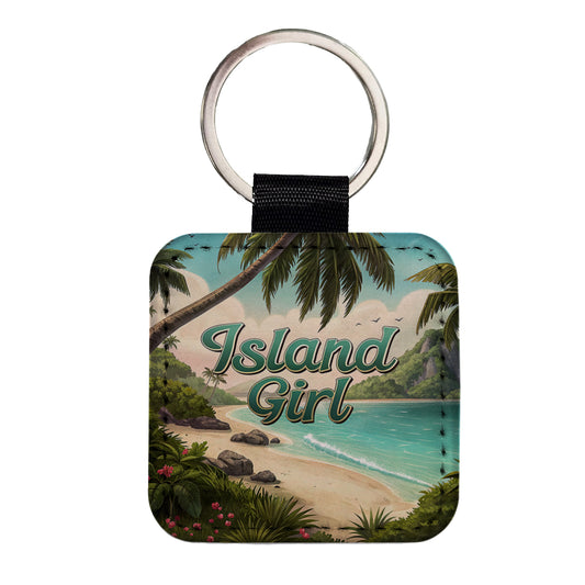 Island Girl Tropical Beach Palm Trees Square Faux Leather Keychain