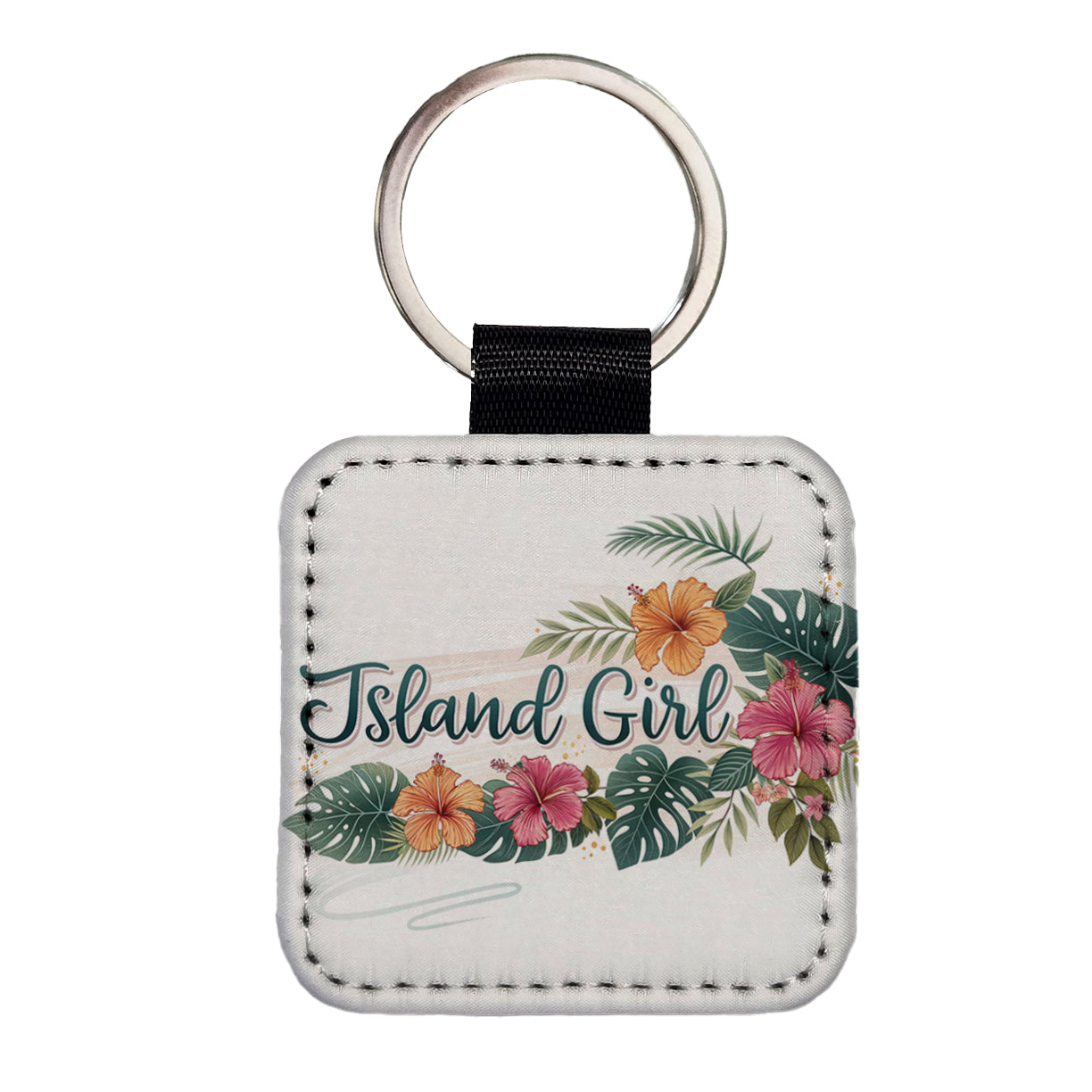 Island Girl Tropical Hibiscus Flowers Square Faux Leather Keychain