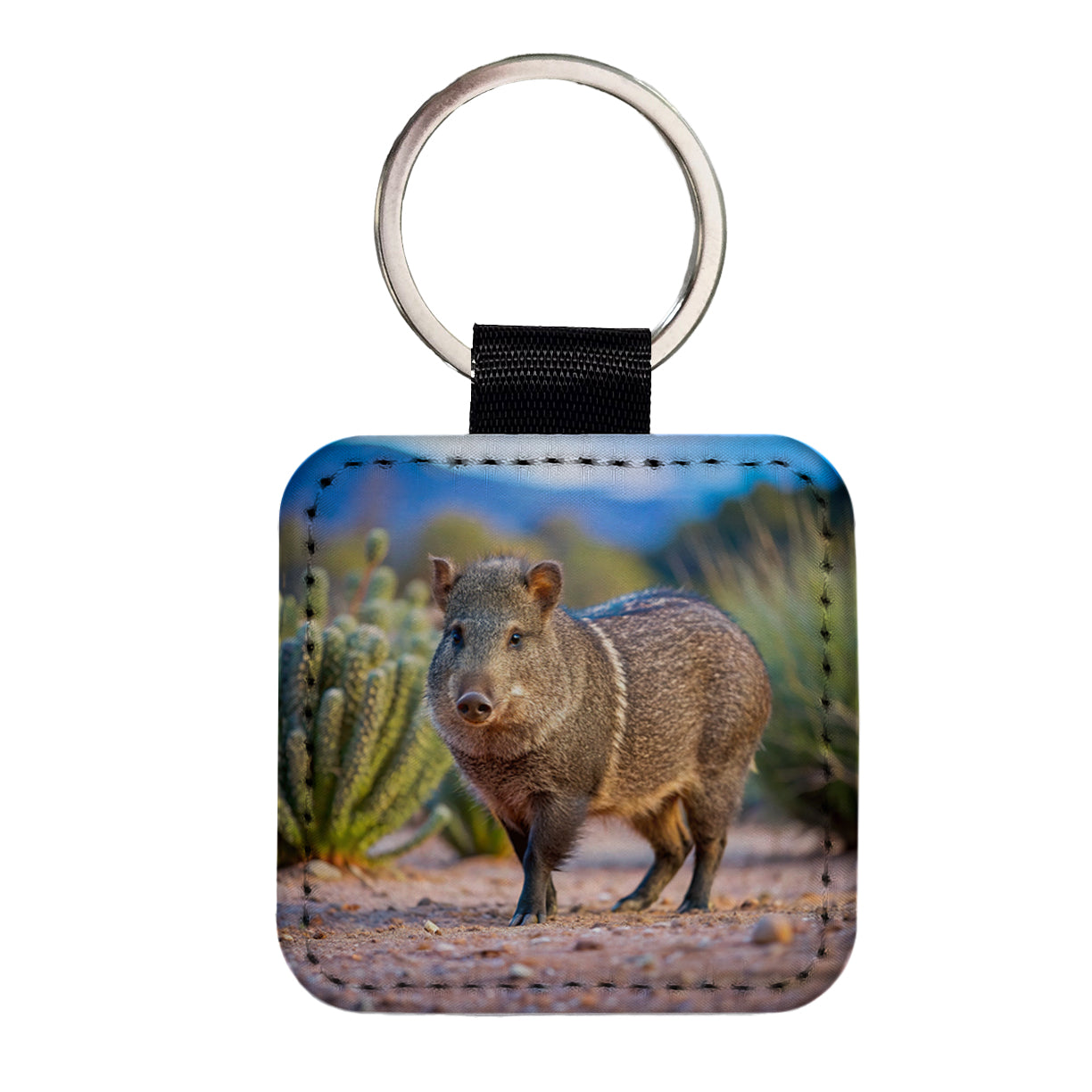 Javelina in Nature Square Faux Leather Keychain
