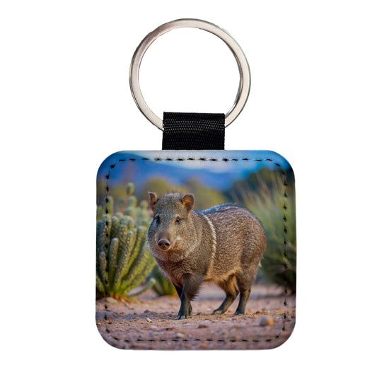 Javelina in Nature Square Faux Leather Keychain