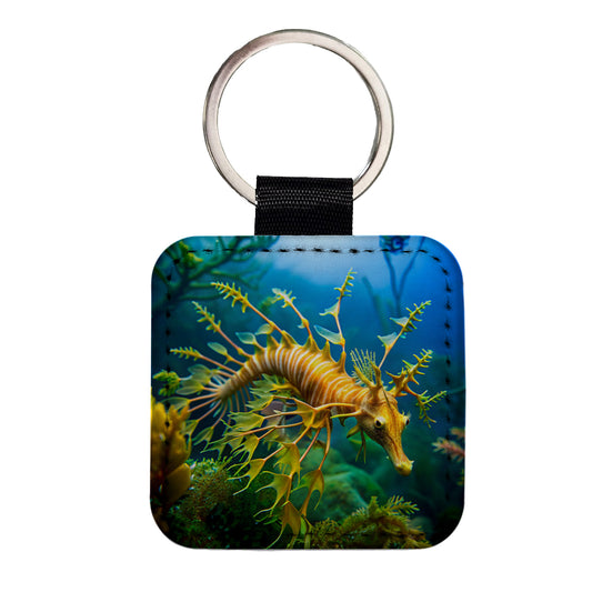 Leafy Seadragon Swimming Square Faux Leather Keychain