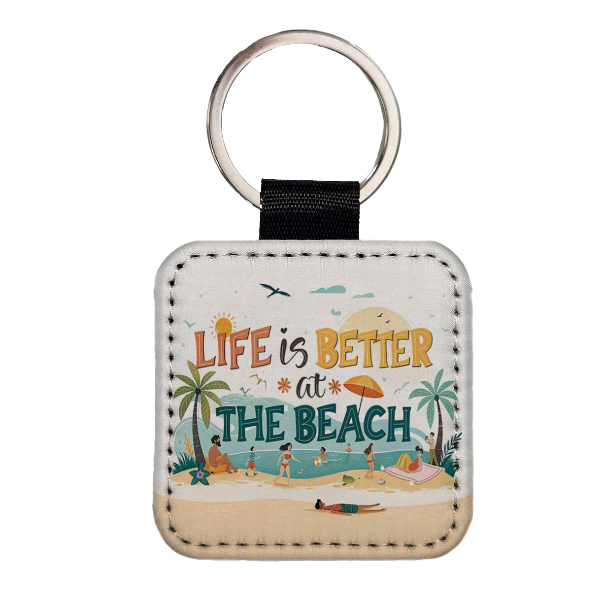 Life Is Better At The Beach Cartoon Square Faux Leather Keychain