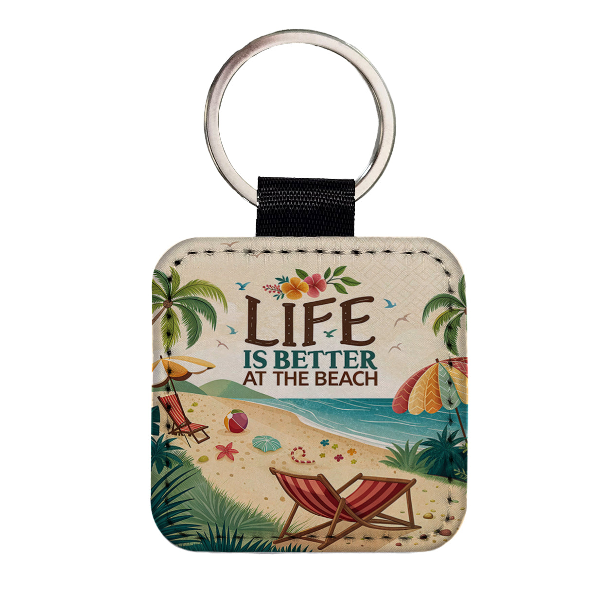 Life is Better At The Beach Tropical Ocean Square Faux Leather Keychain