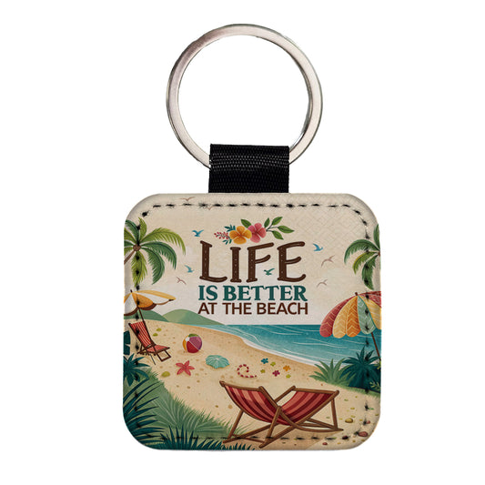 Life is Better At The Beach Tropical Ocean Square Faux Leather Keychain