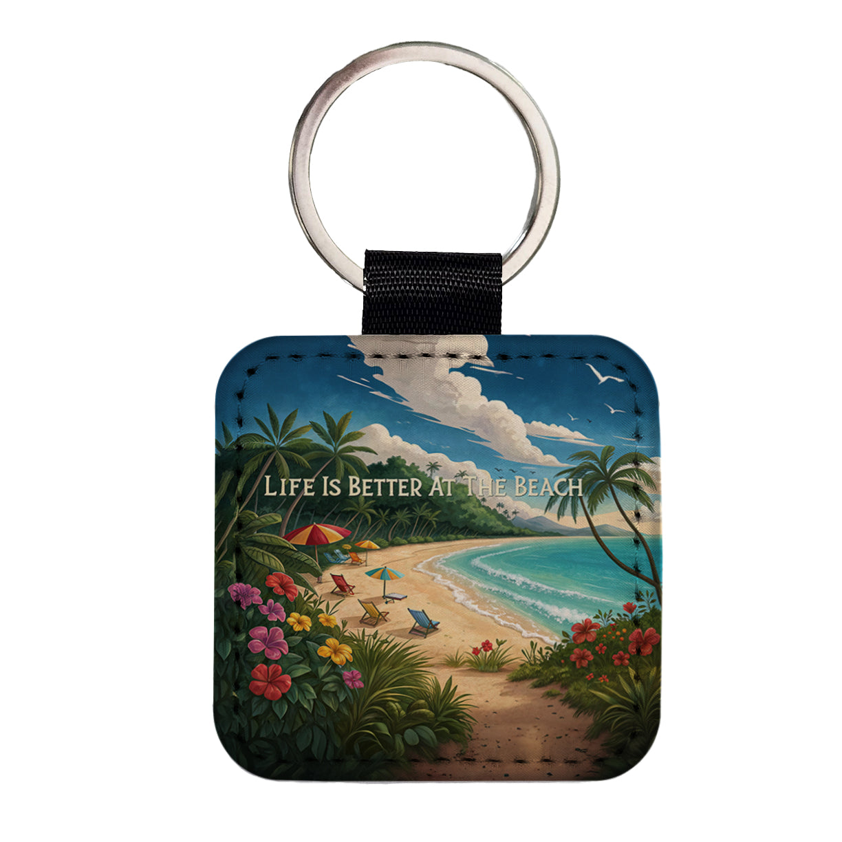 Life is Better At The Beach Tropical Square Faux Leather Keychain