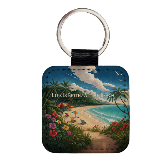 Life is Better At The Beach Tropical Square Faux Leather Keychain