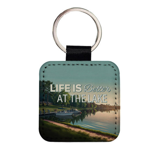 Life is Better At The Lake Boats Square Faux Leather Keychain