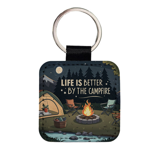 Life is Better By The Campfire Camping Square Faux Leather Keychain
