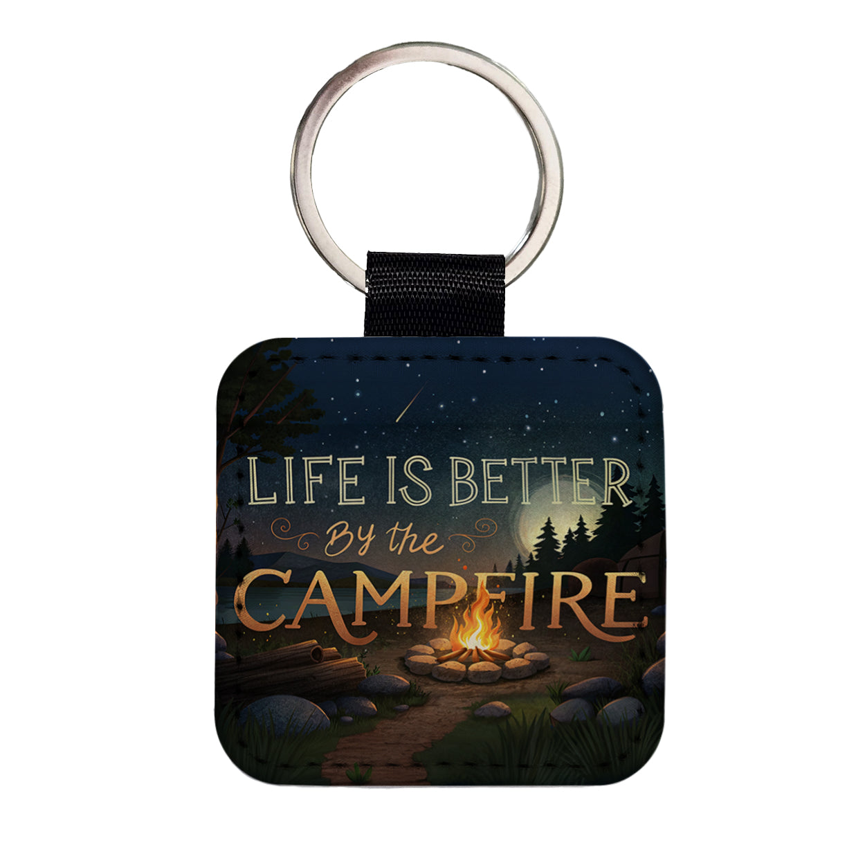 Life is Better By The Campfire Hiking Camping Square Faux Leather Keychain