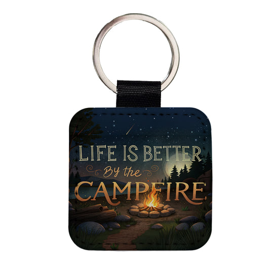 Life is Better By The Campfire Hiking Camping Square Faux Leather Keychain