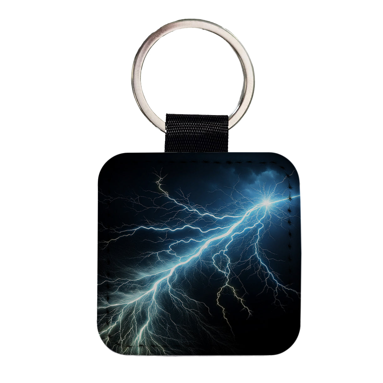 Lightning Bolt Strike at Night Square Faux Leather Keychain