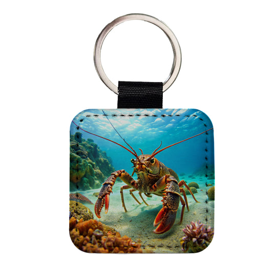 Lobster In The Ocean Square Faux Leather Keychain