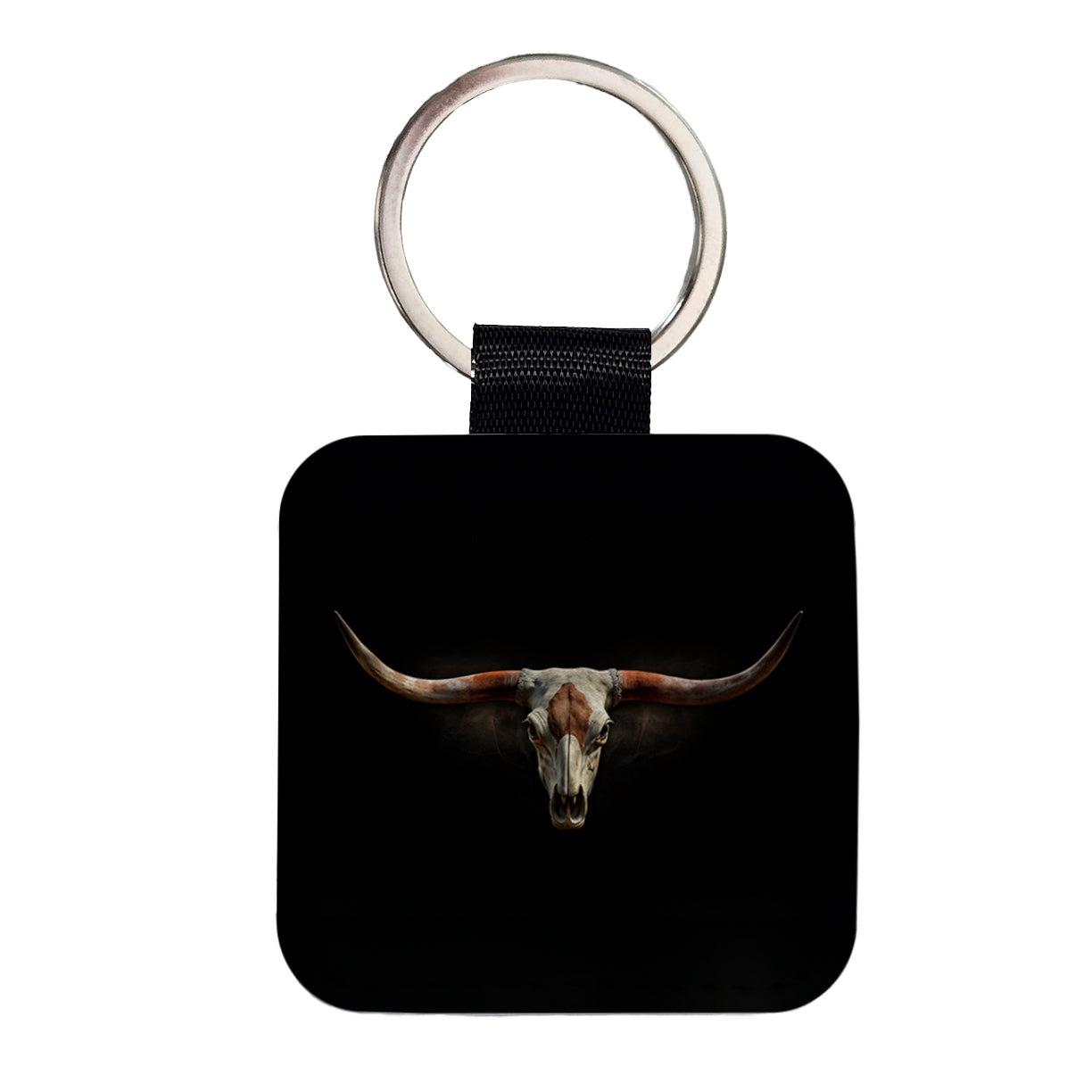 Longhorn Cattle Skull Square Faux Leather Keychain