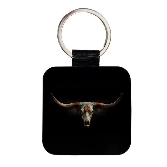 Longhorn Cattle Skull Square Faux Leather Keychain
